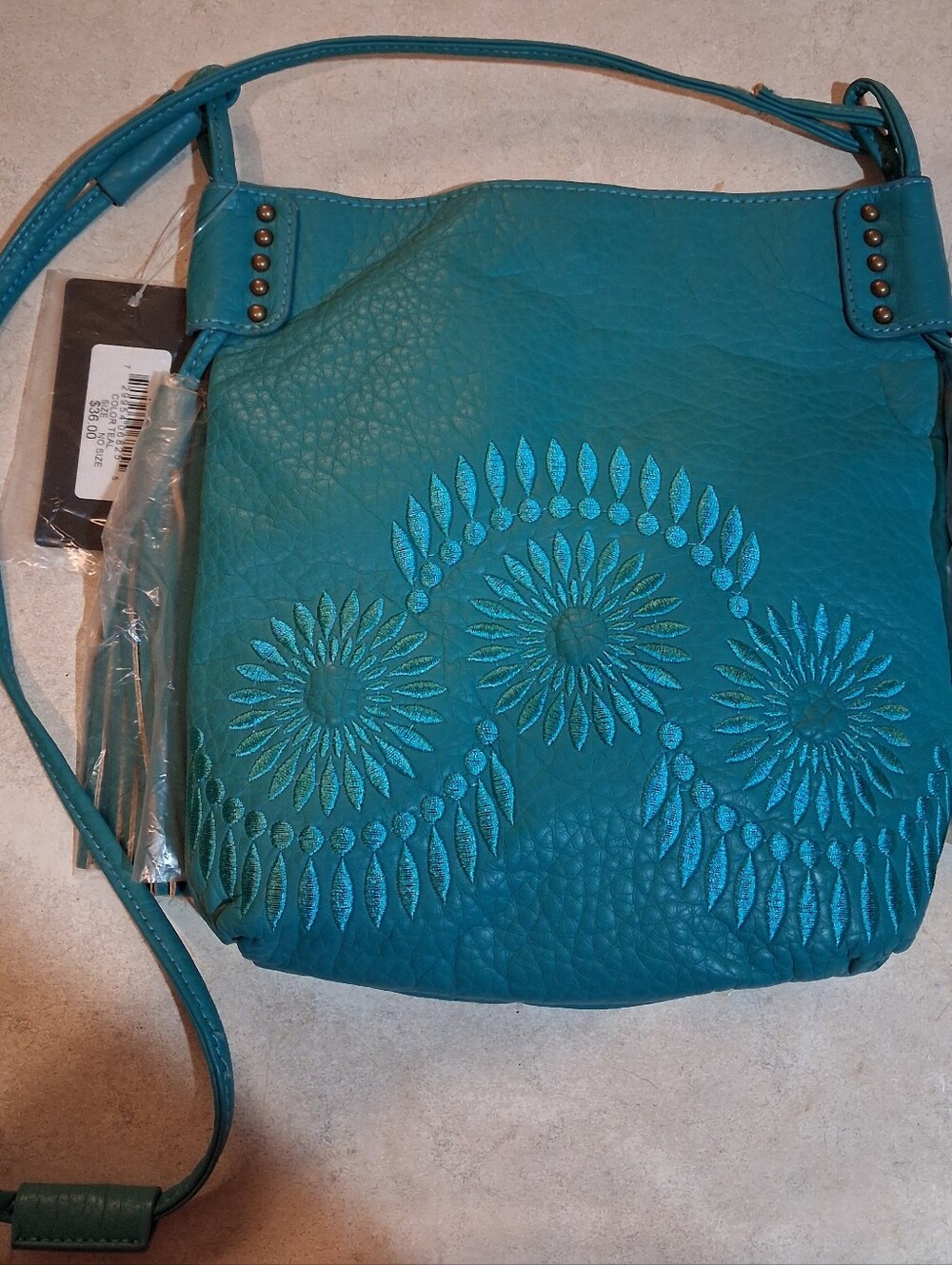 NWT-Château International Teal Faux Leather Crossbody Embroidered Detail, 9.5x10
